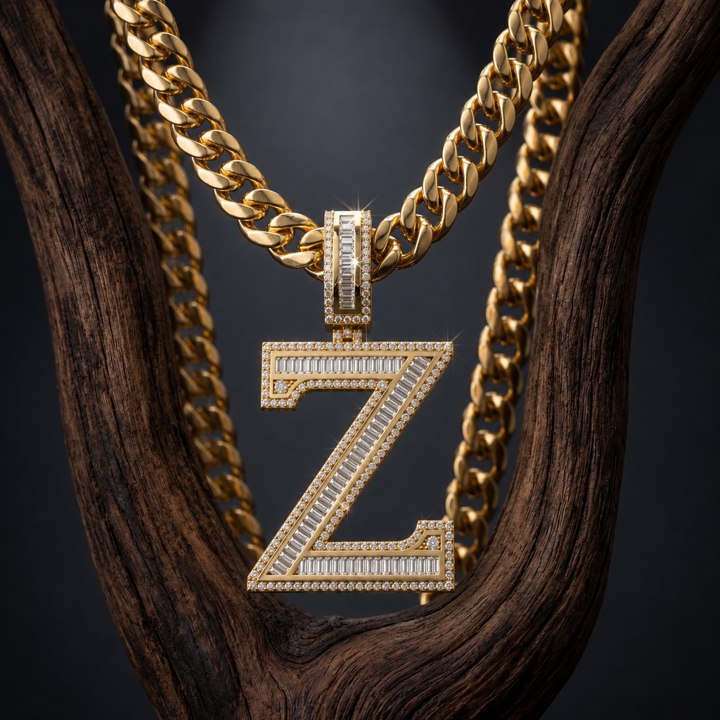 Iced Out “Z” Letter Pendant Gold Finish with Baguette & Round Cut Stones