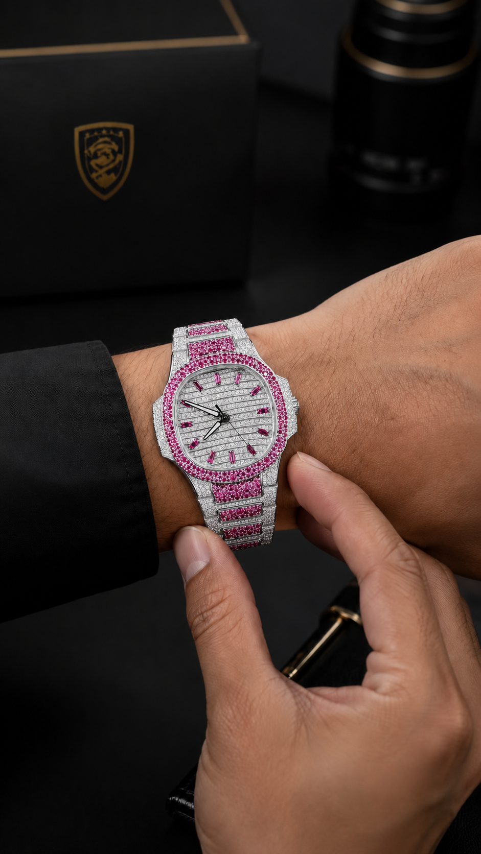 Pink Ice Silver-Tone Luxury Iced-Out Watch | Ruby Pink Stone Bezel & Bracelet
