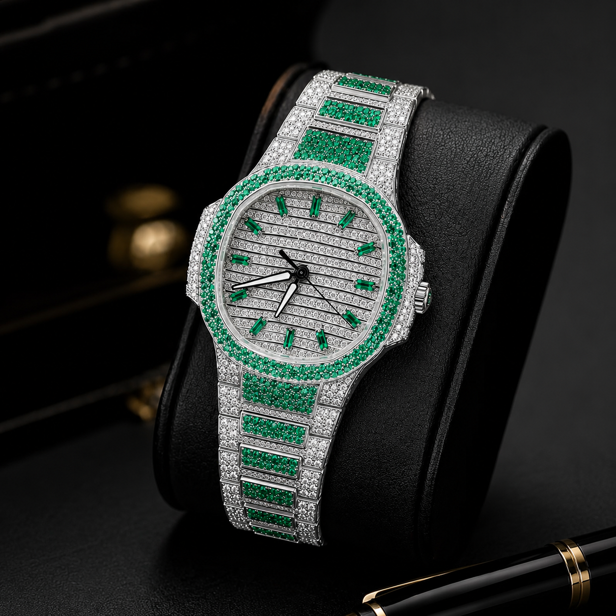 Green Ice Bezel Fully Iced Luxury Watch | Silver & Emerald Stone Dial Watch