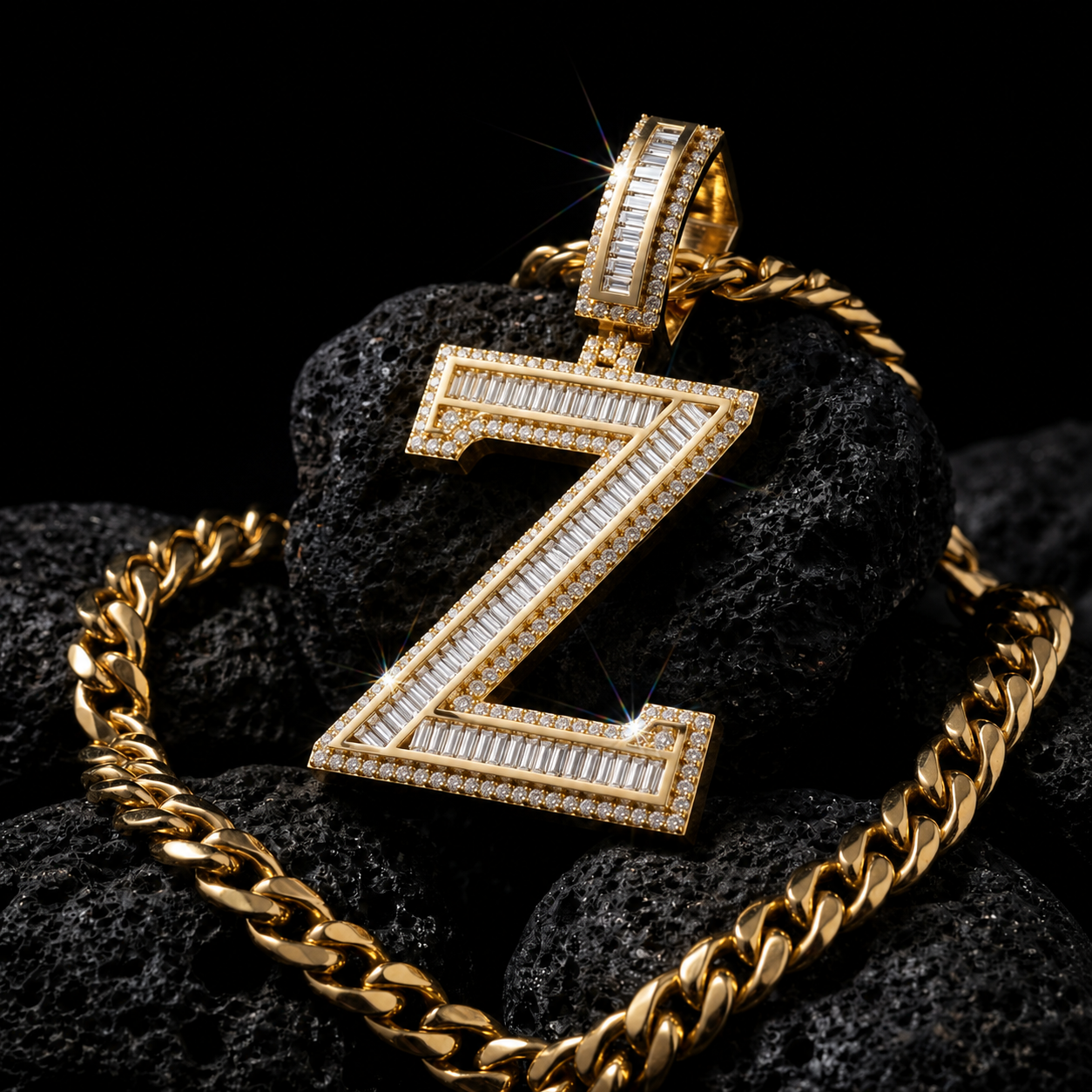 Iced Out “Z” Letter Pendant Gold Finish with Baguette & Round Cut Stones