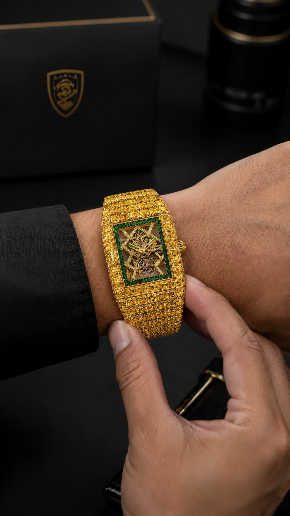 Gold Baguette Skeleton Iced Watch | Green Dial Luxury Timepiece