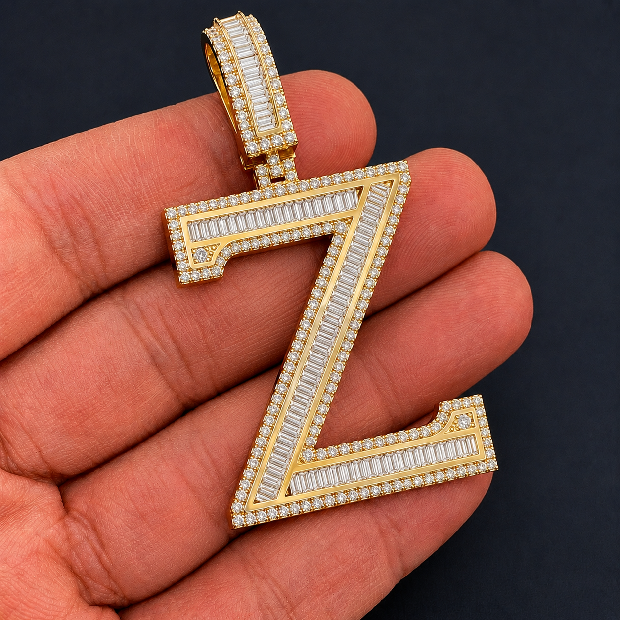 Iced Out “Z” Letter Pendant Gold Finish with Baguette & Round Cut Stones