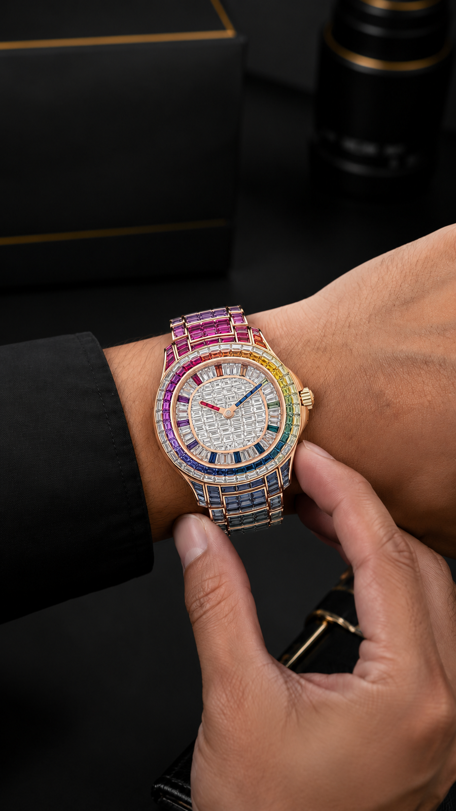 Rainbow Baguette Iced Watch | Gold Finish Luxury Bracelet Timepiece