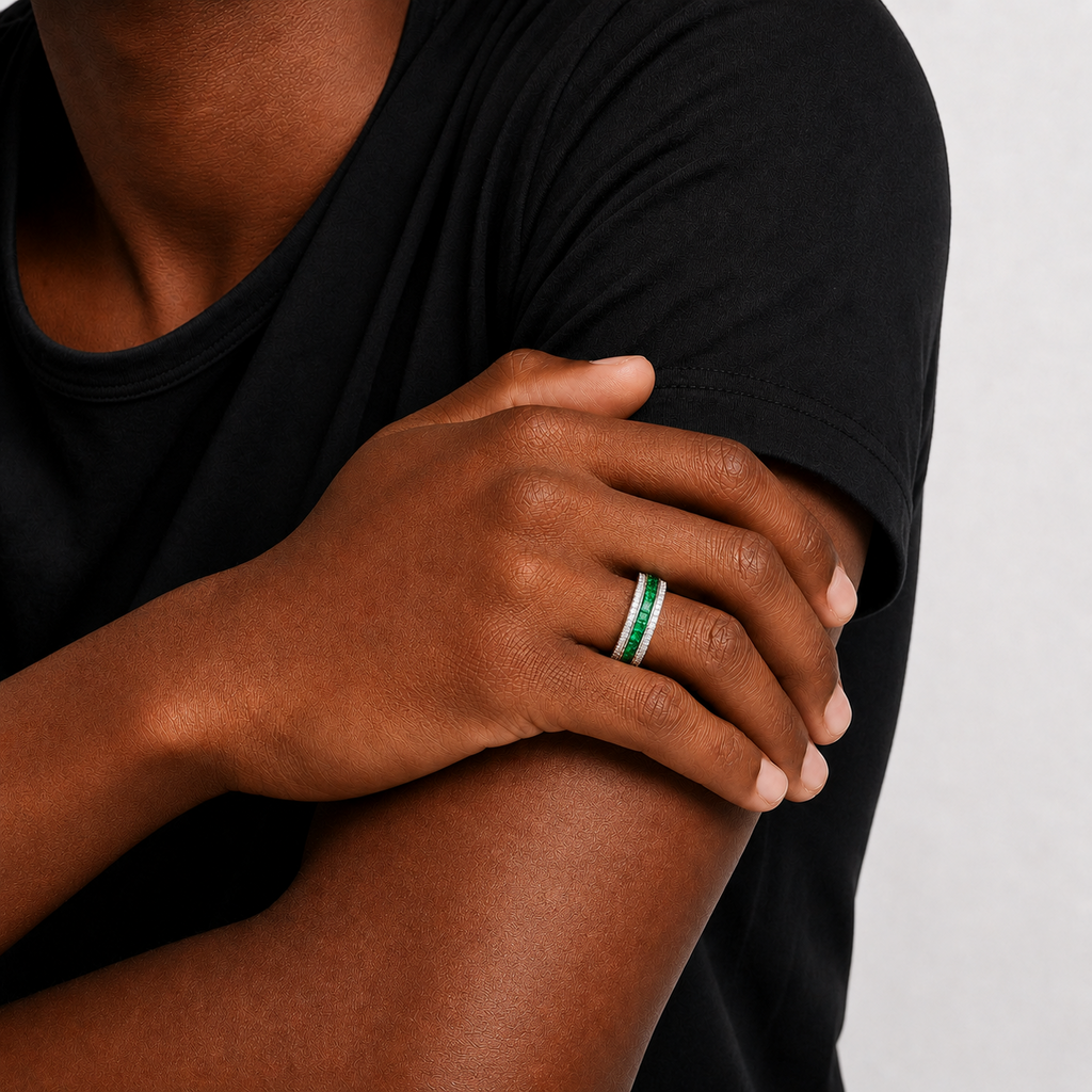 Green Emerald Style Baguette Ring Silver