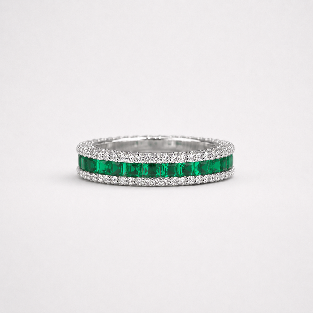 Green Emerald Style Baguette Ring Silver