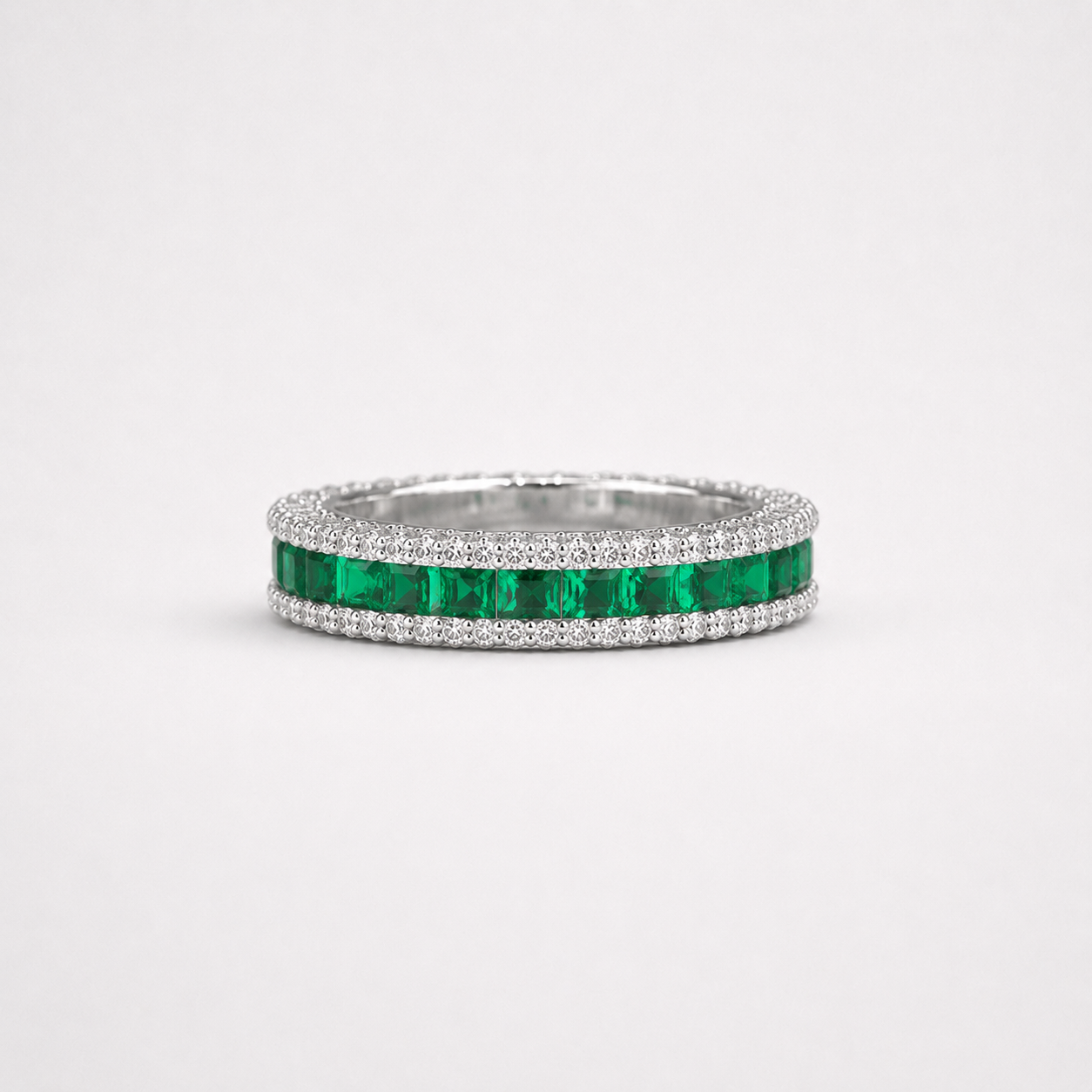Green Emerald Style Baguette Ring Silver