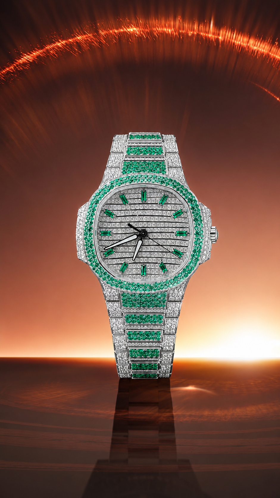 Green Ice Bezel Fully Iced Luxury Watch | Silver & Emerald Stone Dial Watch