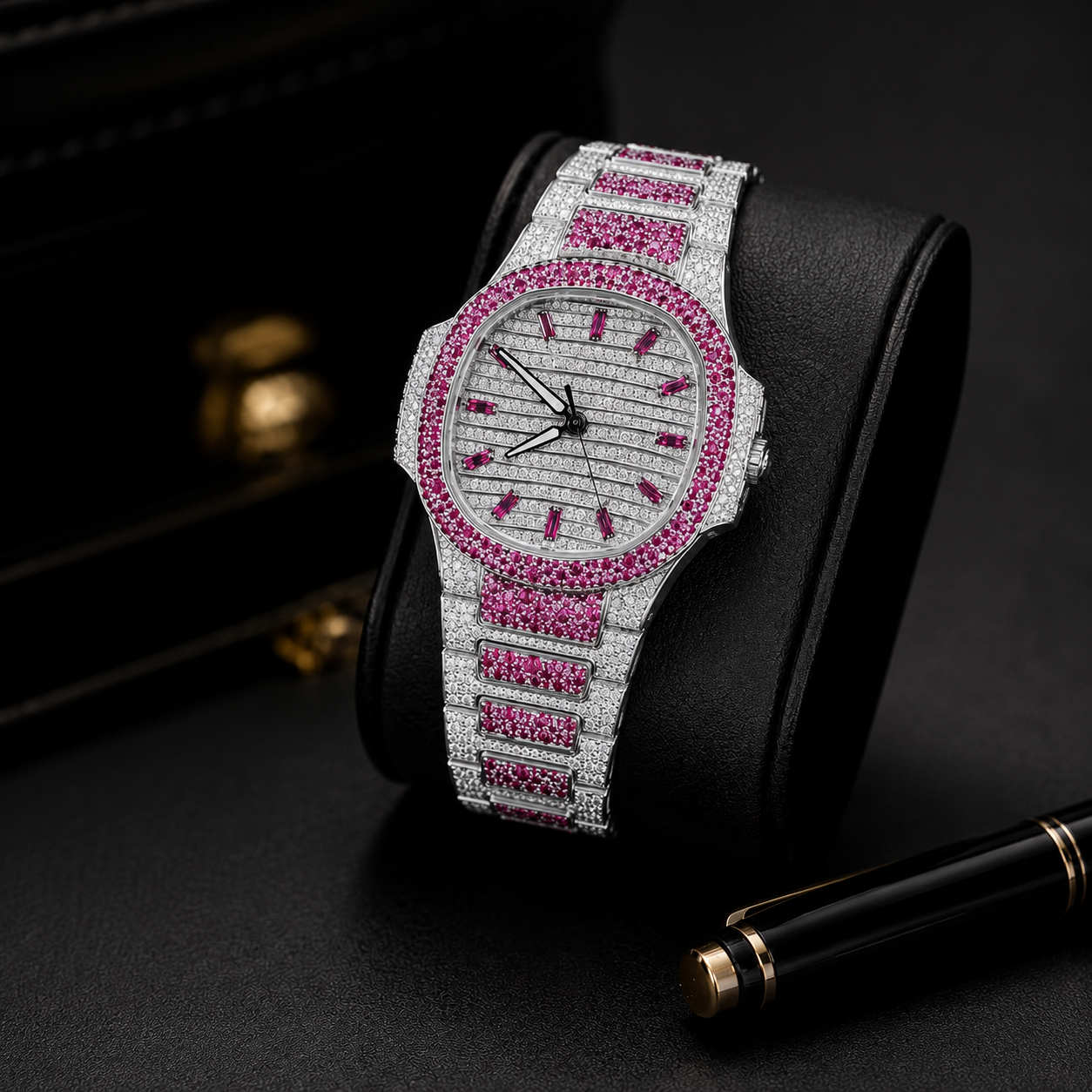 Pink Ice Silver-Tone Luxury Iced-Out Watch | Ruby Pink Stone Bezel & Bracelet