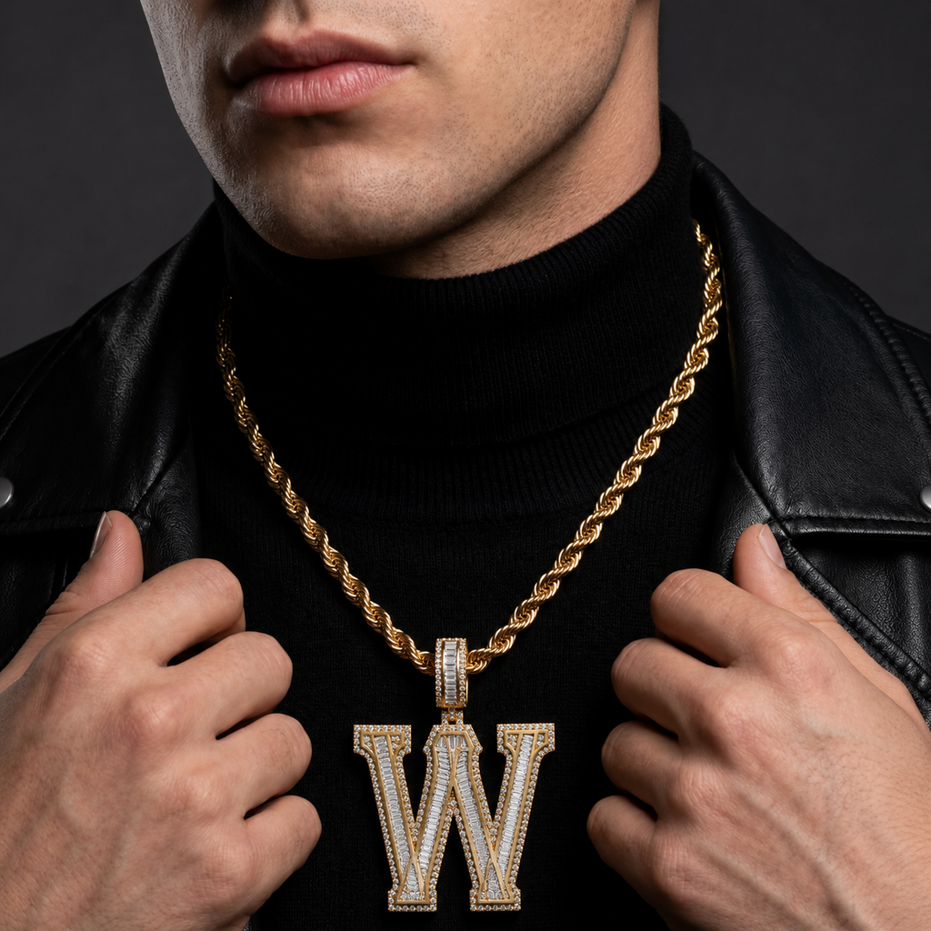 Iced Out “W” Letter Pendant Gold Finish with Baguette & Round Cut Stones