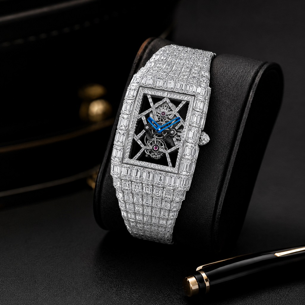 Full Baguette Skeleton Iced Watch | White Gold Finish Luxury Timepiece