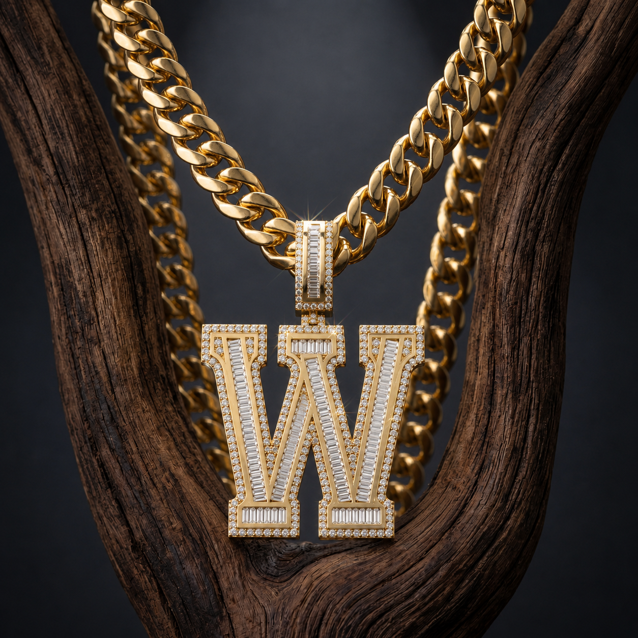 Iced Out “W” Letter Pendant Gold Finish with Baguette & Round Cut Stones