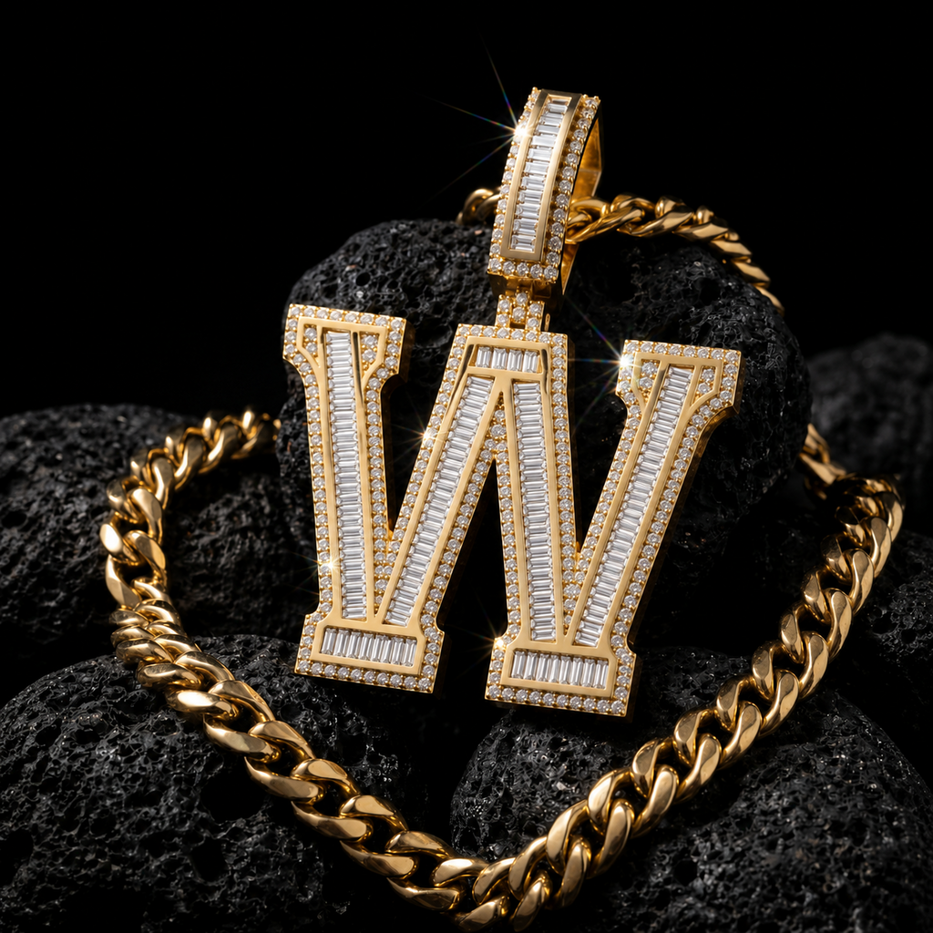 Iced Out “W” Letter Pendant Gold Finish with Baguette & Round Cut Stones