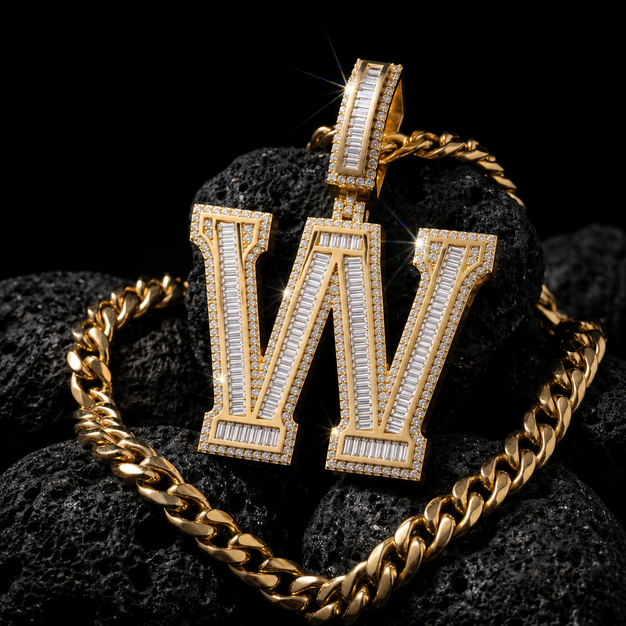 Iced Out “W” Letter Pendant Gold Finish with Baguette & Round Cut Stones