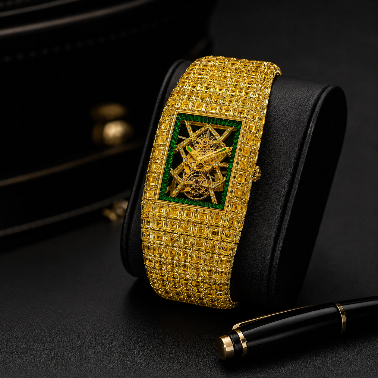Gold Baguette Skeleton Iced Watch | Green Dial Luxury Timepiece