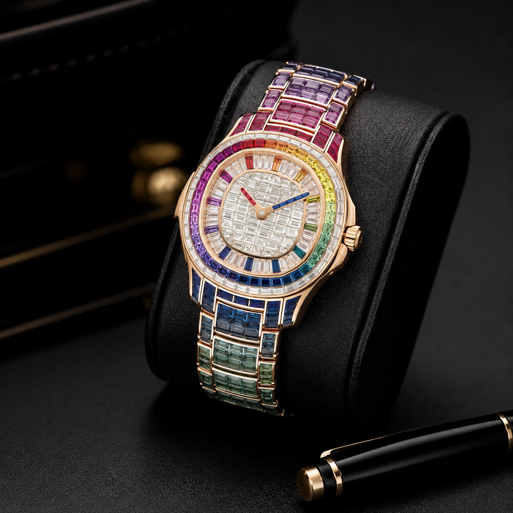 Rainbow Baguette Iced Watch | Gold Finish Luxury Bracelet Timepiece