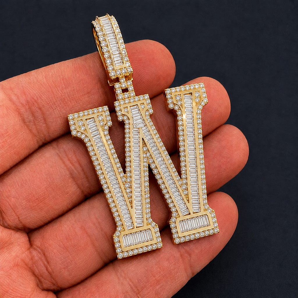 Iced Out “W” Letter Pendant Gold Finish with Baguette & Round Cut Stones