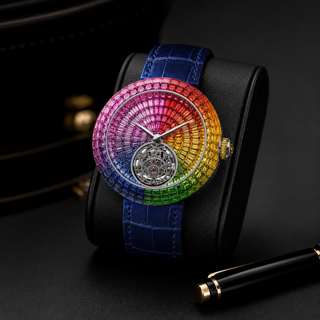 Rainbow Baguette Open-Heart Iced Watch | Blue Leather Strap Luxury Timepiece