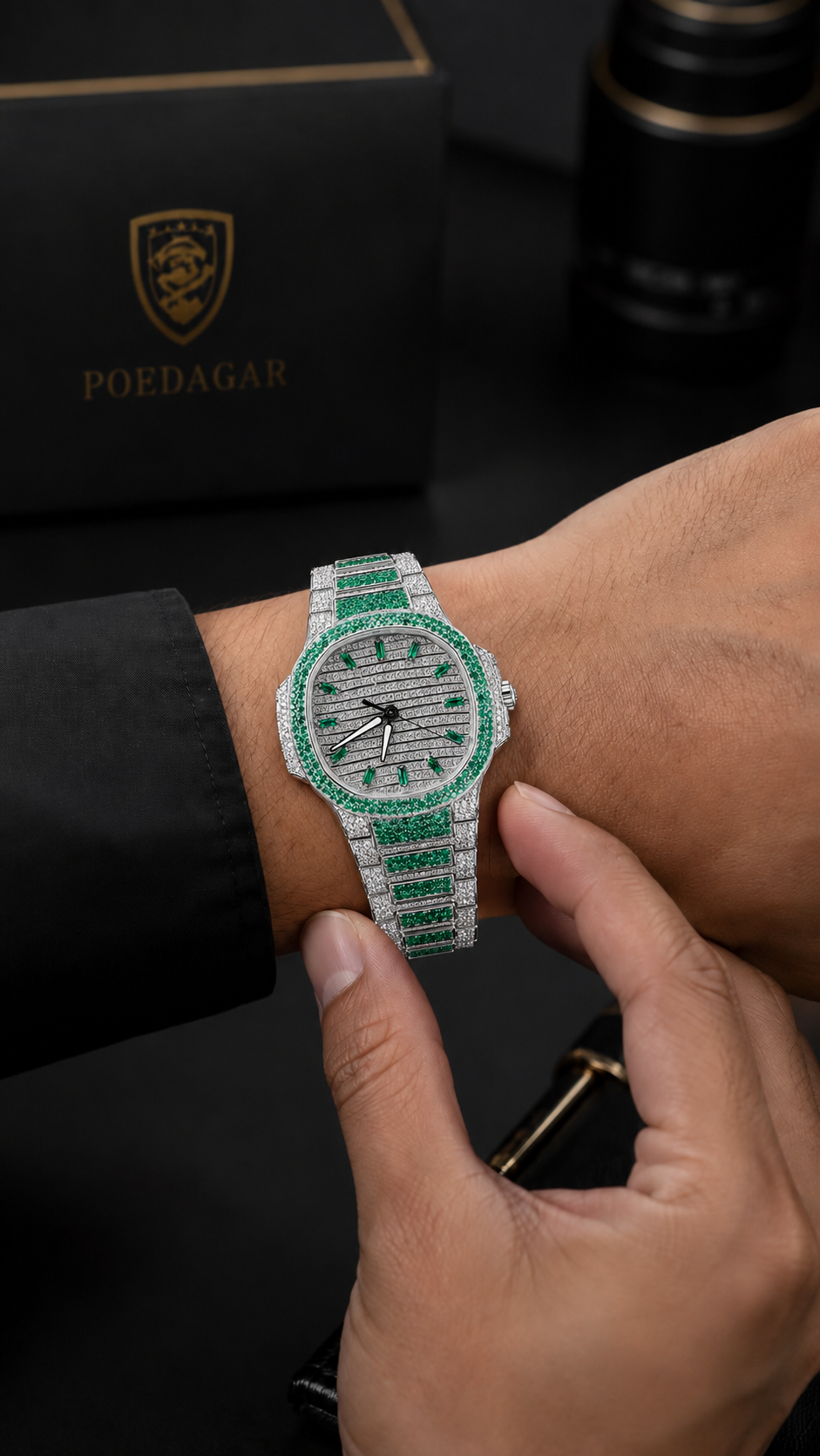 Green Ice Bezel Fully Iced Luxury Watch | Silver & Emerald Stone Dial Watch