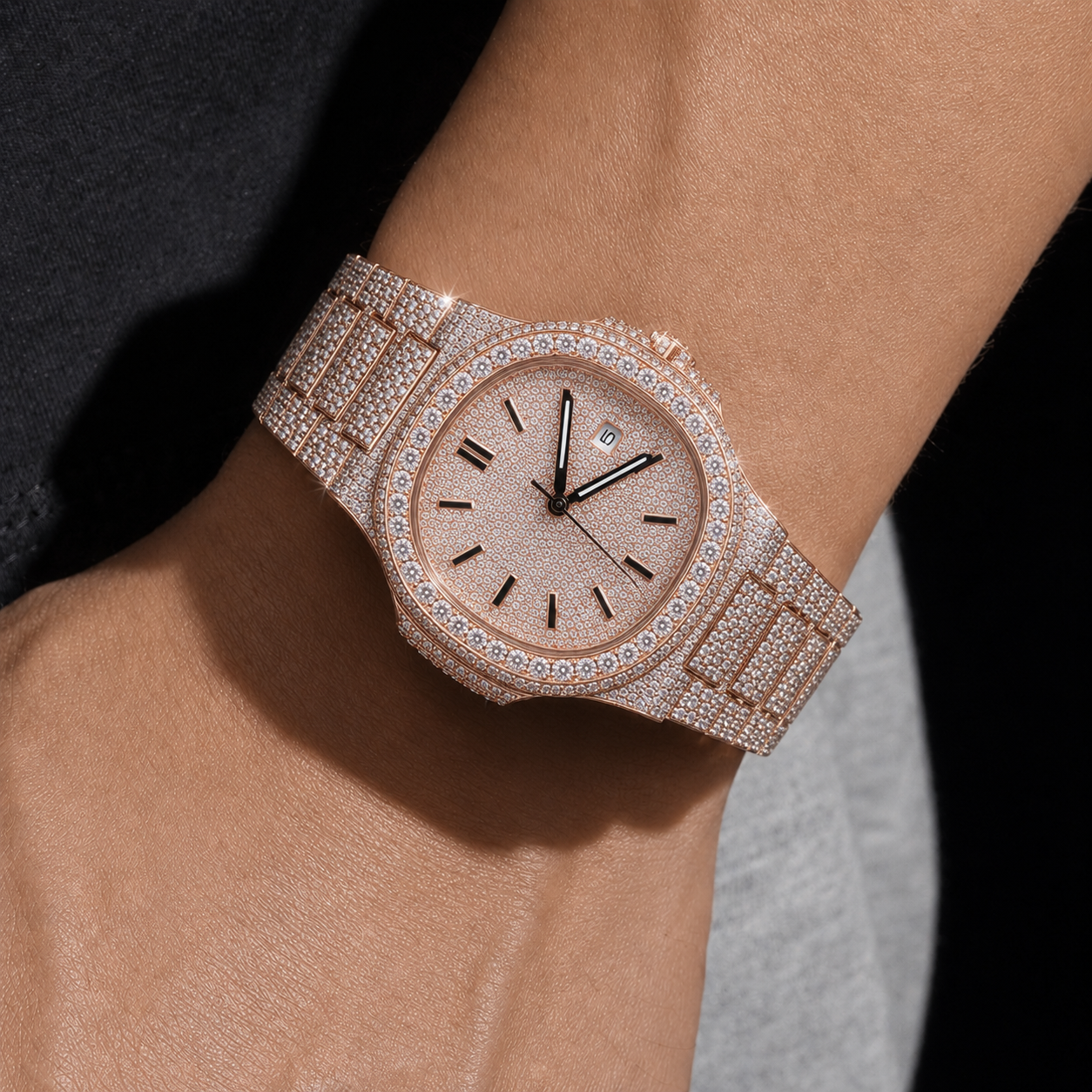 Iced Out 36mm Rose Gold Moissanite Bust Down Watch