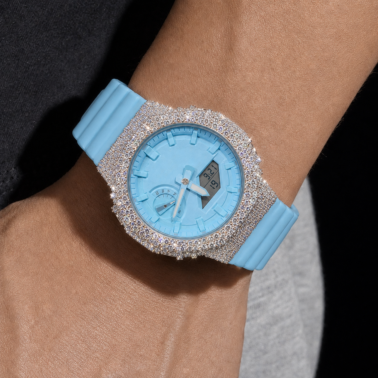 Sky Blue Iced Out Digital Analog Watch with Moissanite Stones