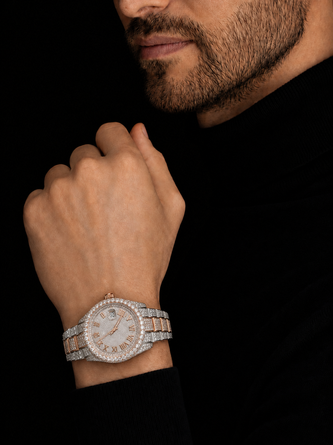 VVS Moissanite Bust Down 40mm Two Tone Roman Dial Iced Out Oyster Belt