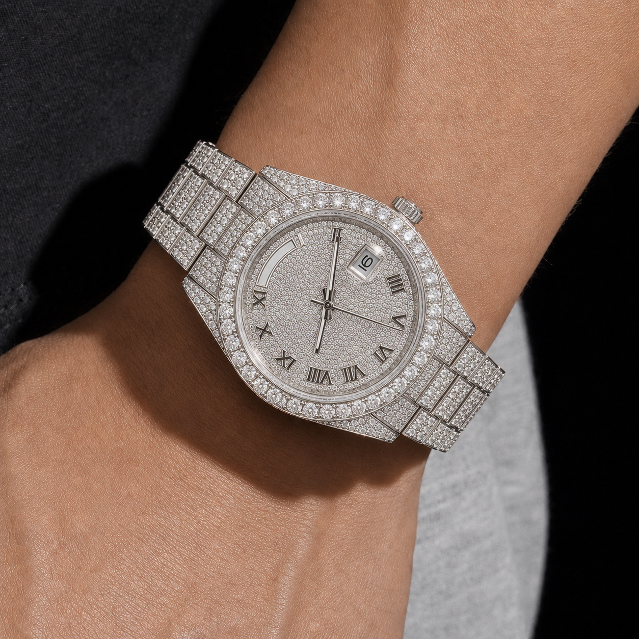 Iced Out Women’s Watch with VVS Moissanite and Roman Day-Date Dial