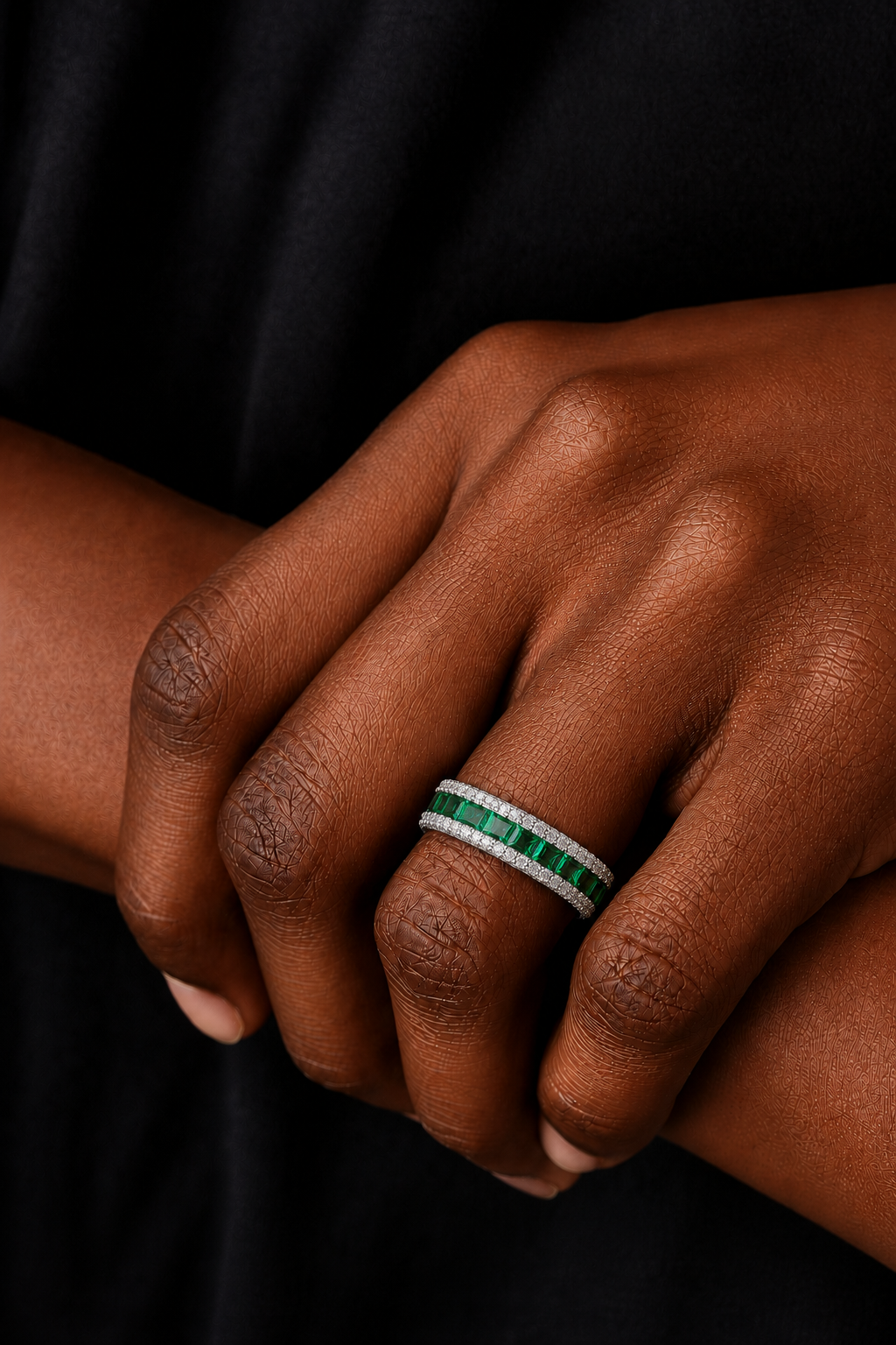 Green Emerald Style Baguette Ring Silver
