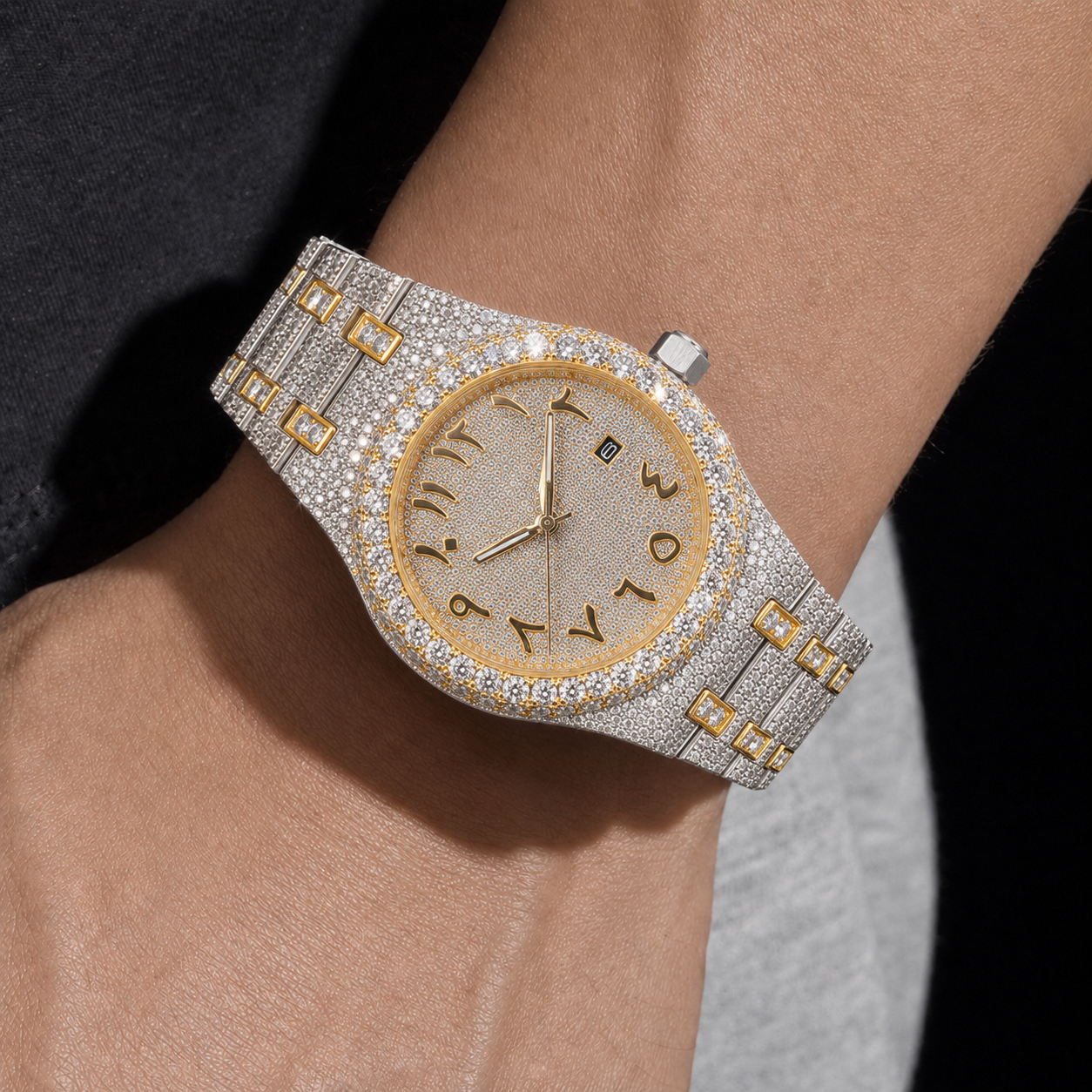 VVS Moissanite Iced Out Watch with Arabic Dial 41mm Two Tone Bust Down