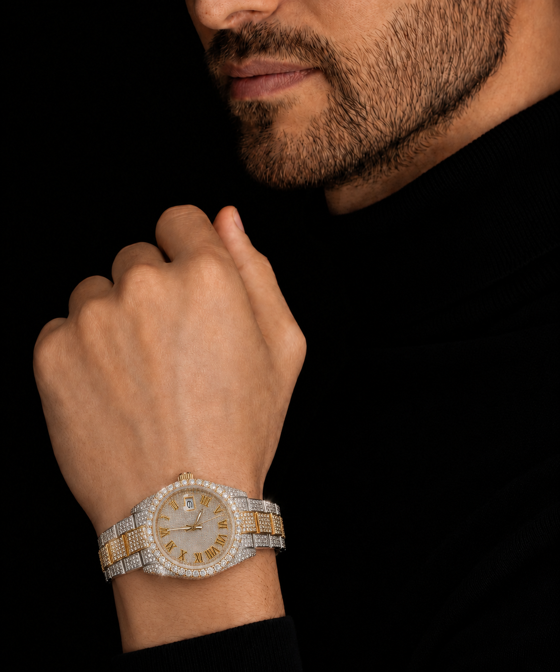 Men’s Two Tone Moissanite Iced Out Watch with Roman Dial
