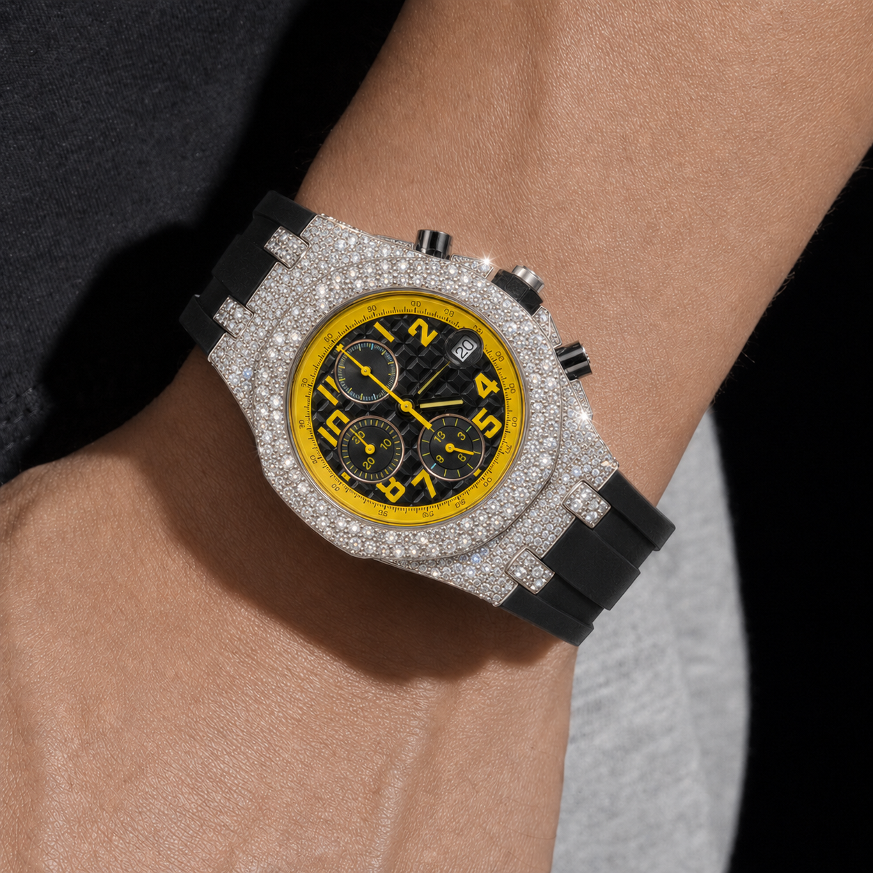 Iced Out Chronograph Watch with Yellow Numerical Dial and Black Rubber Strap