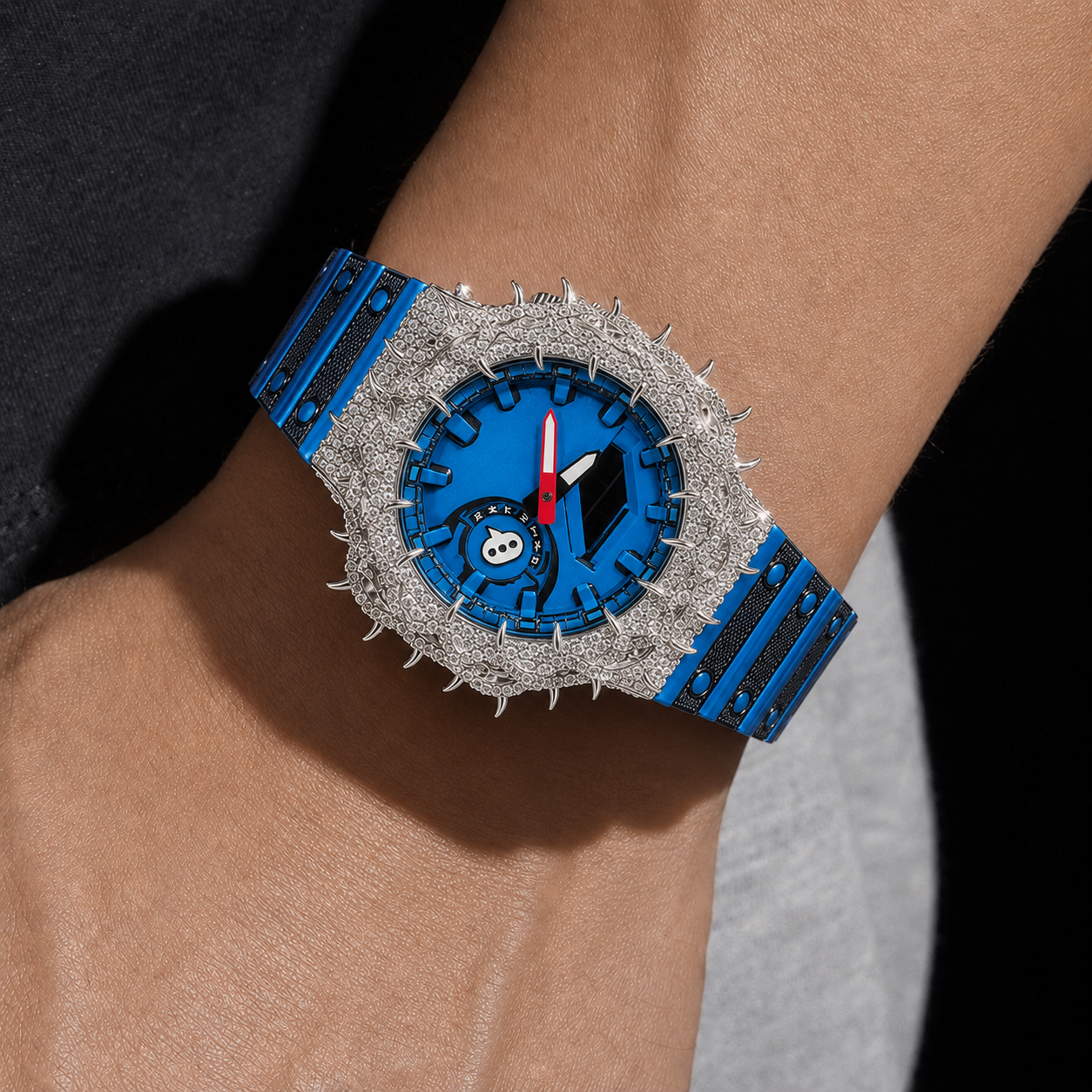 Blue Spiked Iced Out Watch with Moissanite Stones and Rubber Strap