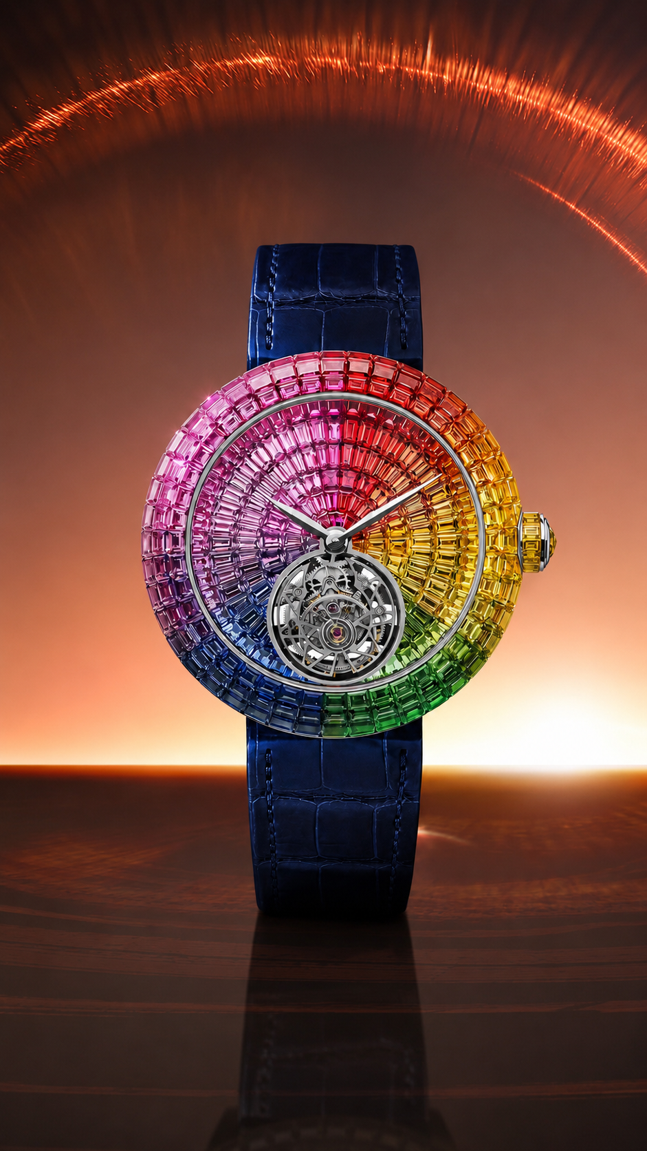 Rainbow Baguette Open-Heart Iced Watch | Blue Leather Strap Luxury Timepiece