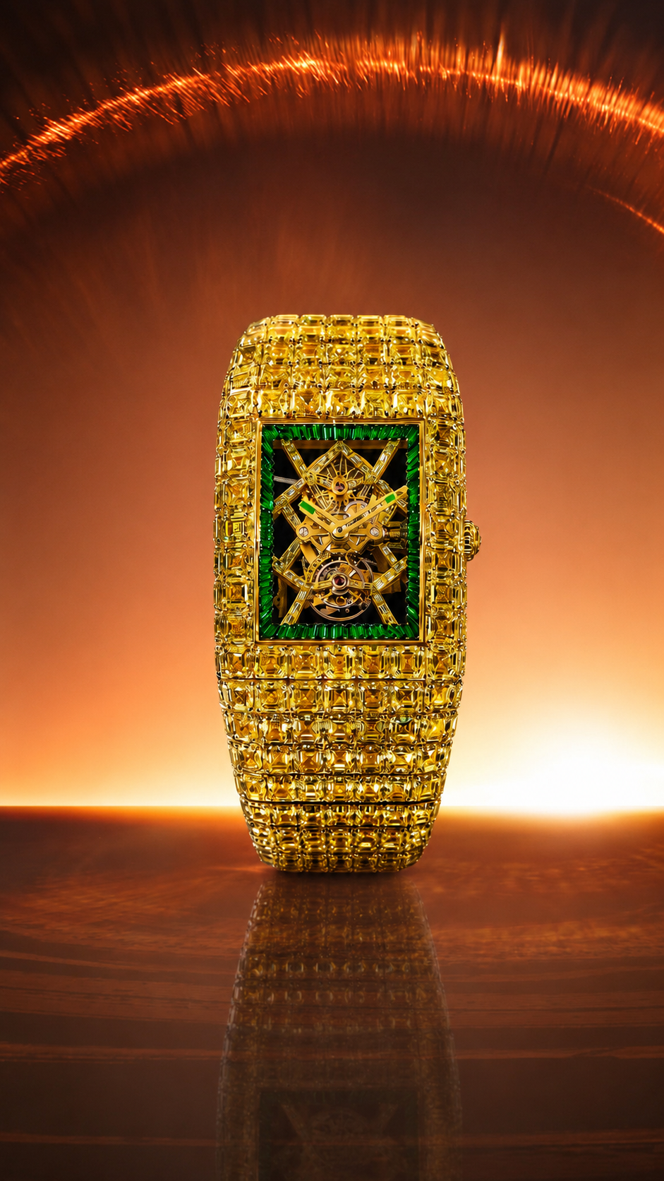 Gold Baguette Skeleton Iced Watch | Green Dial Luxury Timepiece