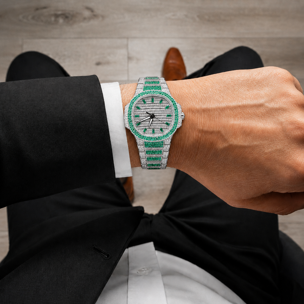 Green Ice Bezel Fully Iced Luxury Watch | Silver & Emerald Stone Dial Watch