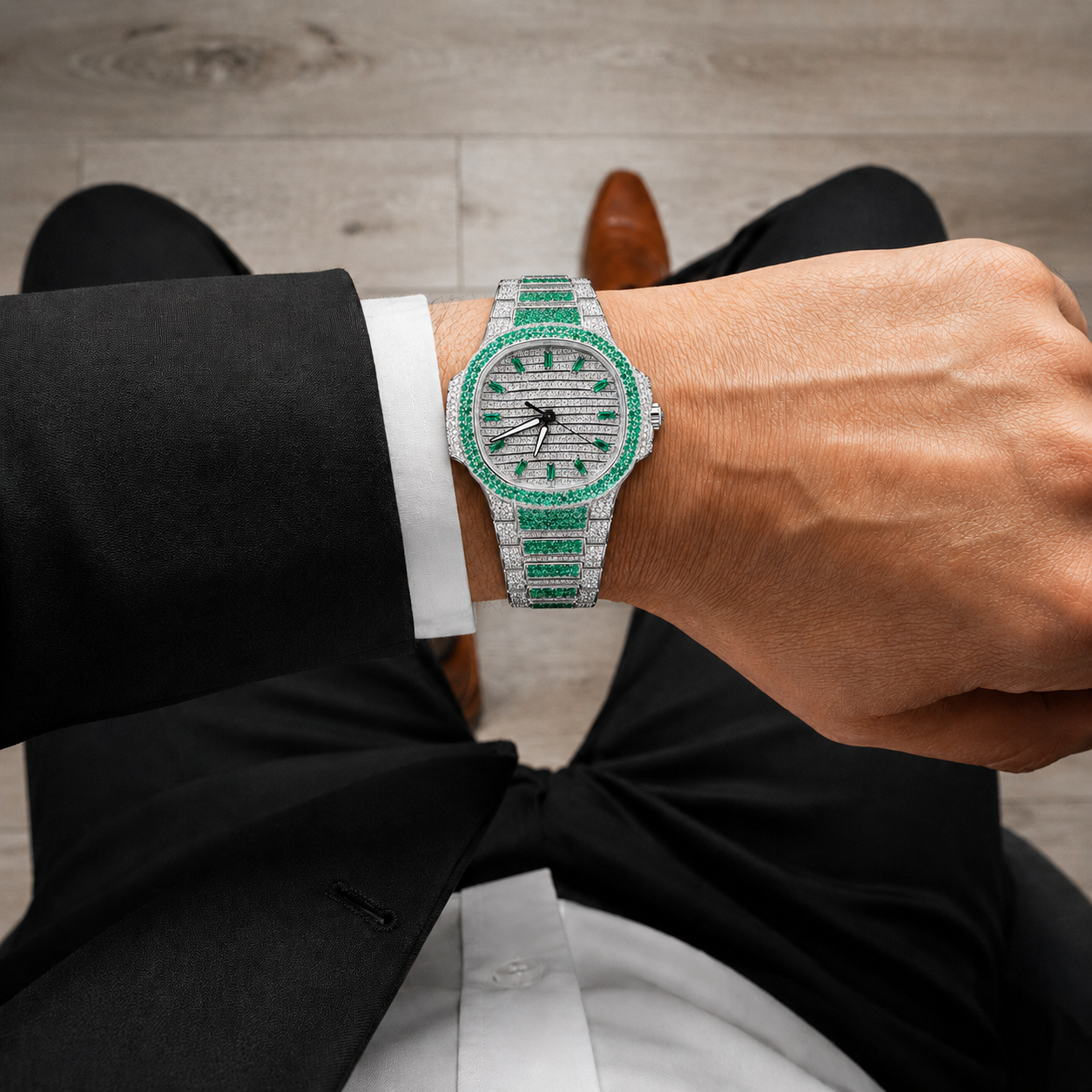 Green Ice Bezel Fully Iced Luxury Watch | Silver & Emerald Stone Dial Watch