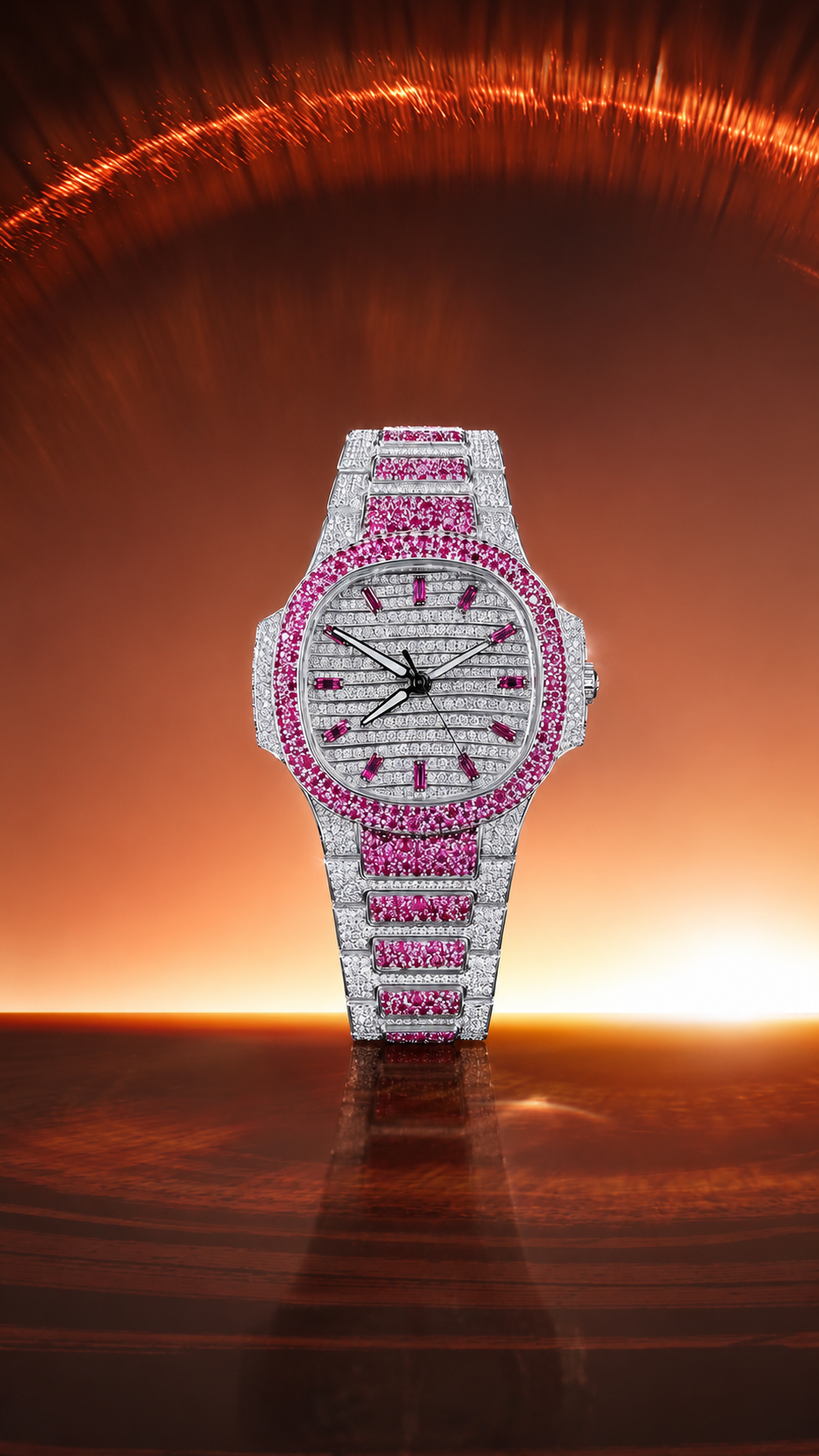 Pink Ice Silver-Tone Luxury Iced-Out Watch | Ruby Pink Stone Bezel & Bracelet