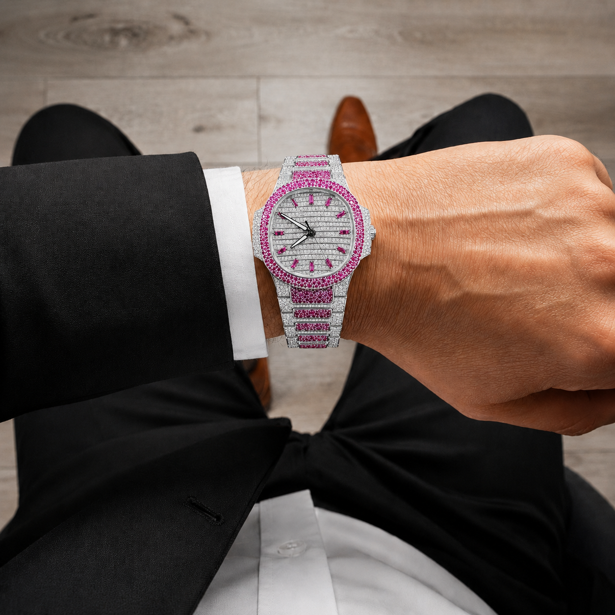 Pink Ice Silver-Tone Luxury Iced-Out Watch | Ruby Pink Stone Bezel & Bracelet