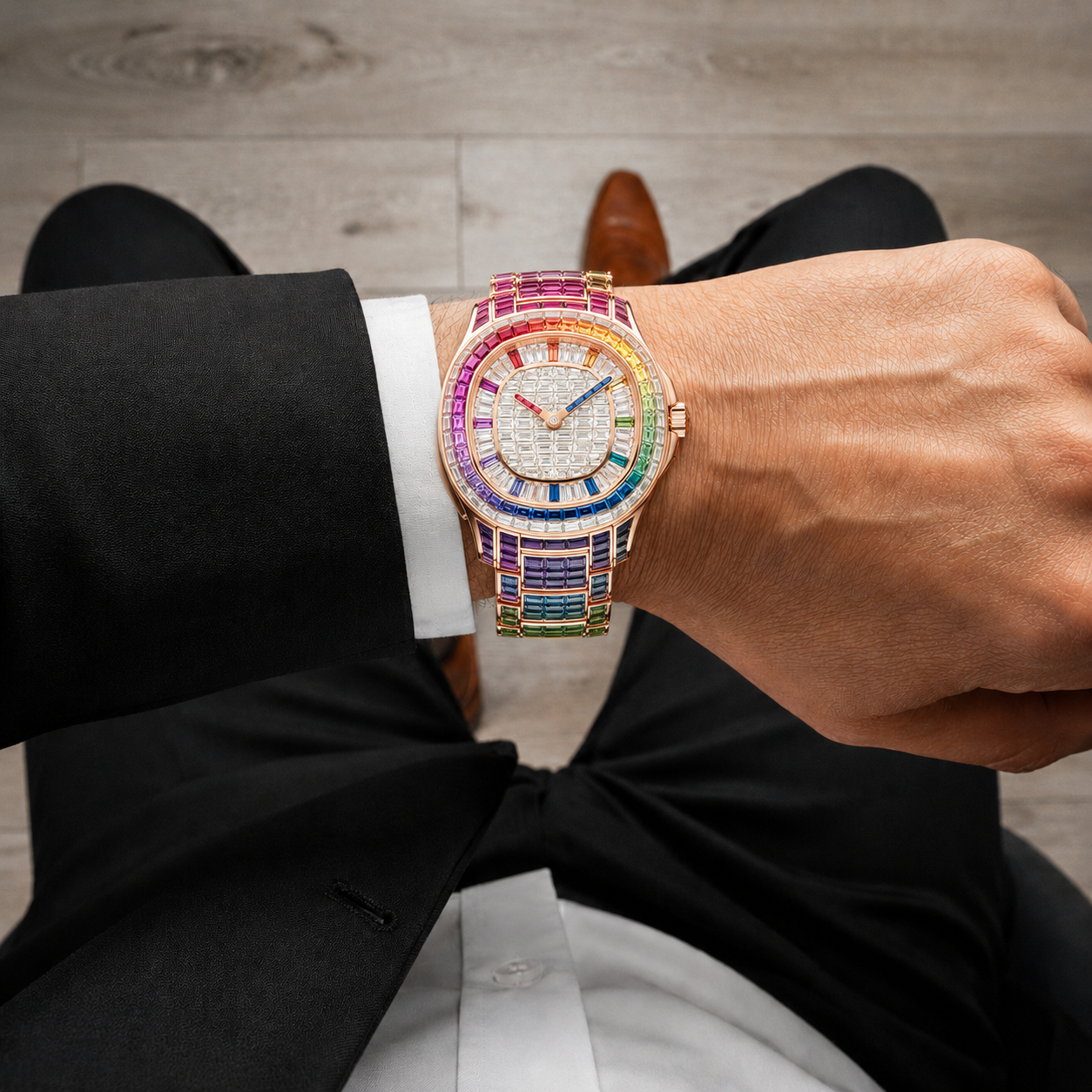 Rainbow Baguette Iced Watch | Gold Finish Luxury Bracelet Timepiece