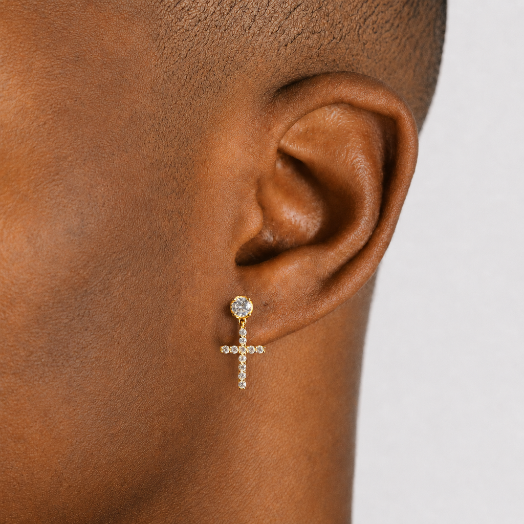 Men’s Iced Out Cross Earrings Gold