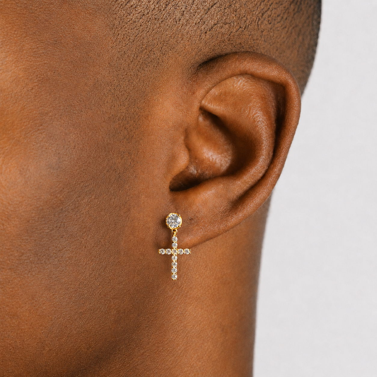 Men’s Iced Out Cross Earrings Gold