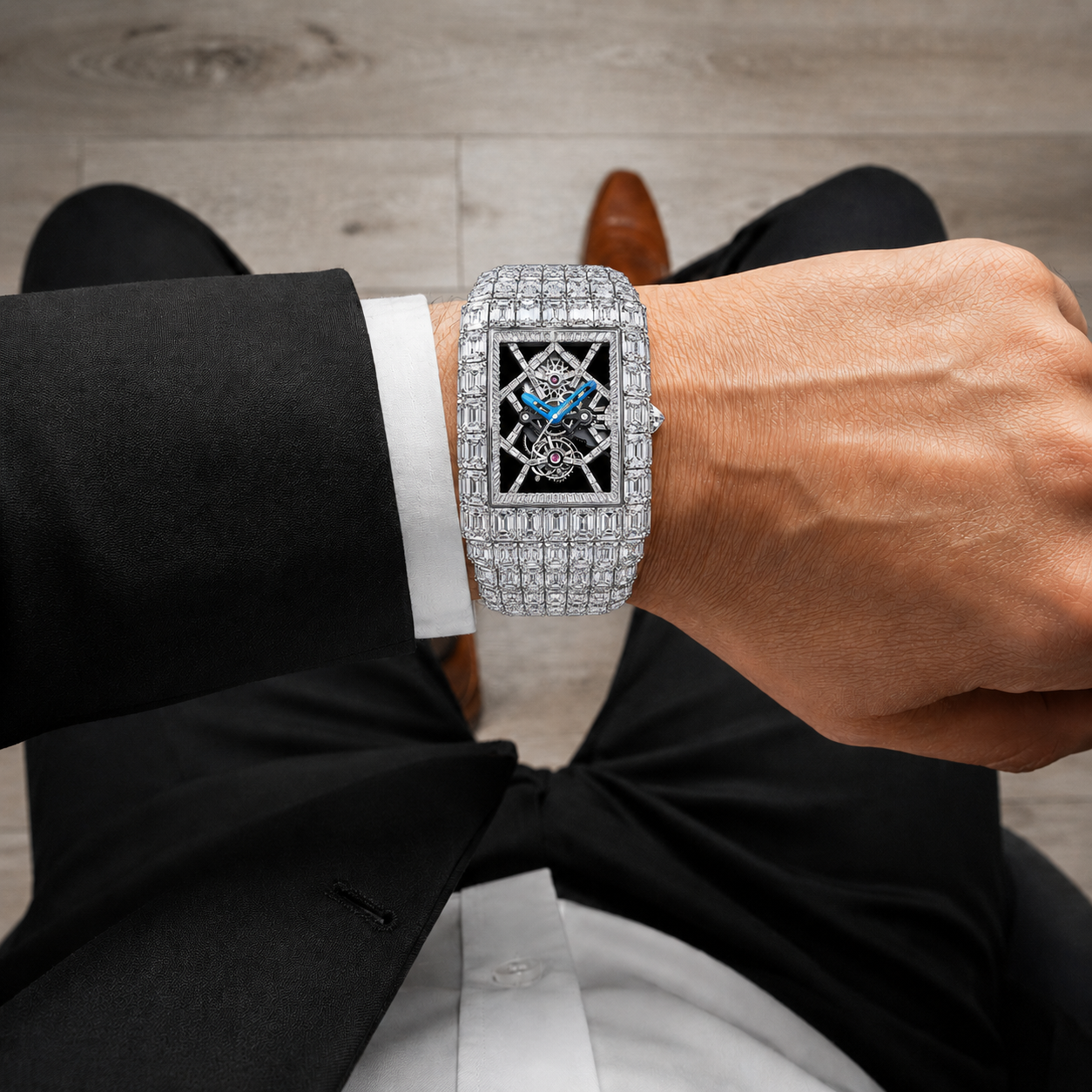 Full Baguette Skeleton Iced Watch | White Gold Finish Luxury Timepiece