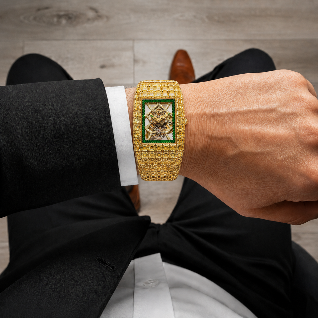 Gold Baguette Skeleton Iced Watch | Green Dial Luxury Timepiece