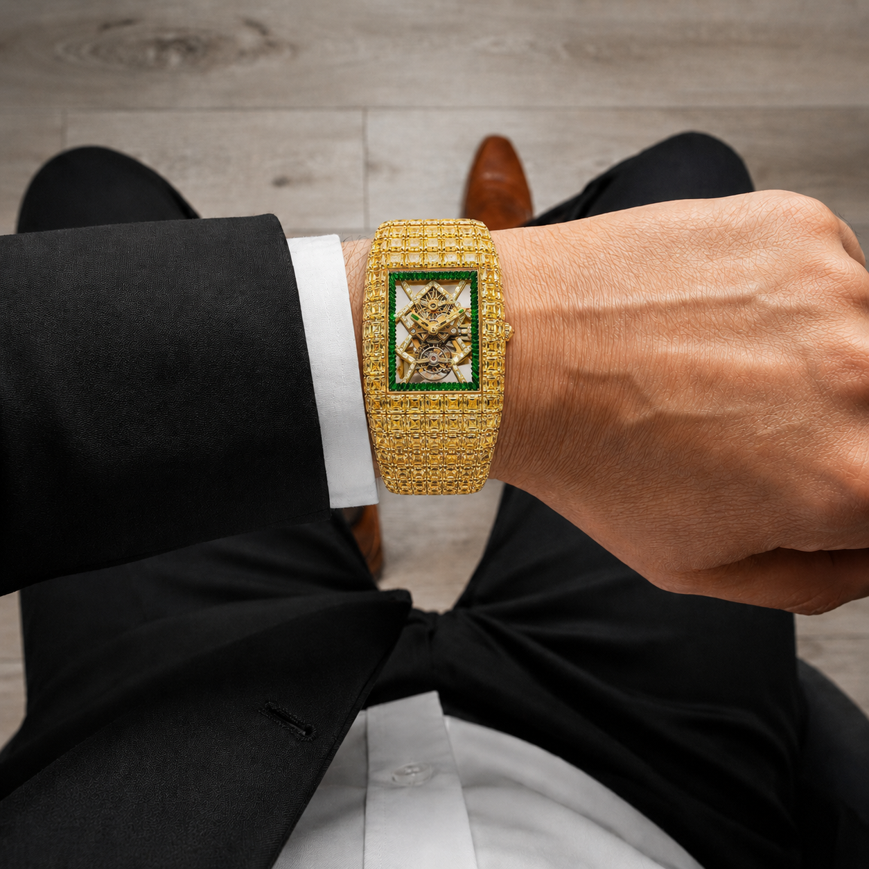 Gold Baguette Skeleton Iced Watch | Green Dial Luxury Timepiece