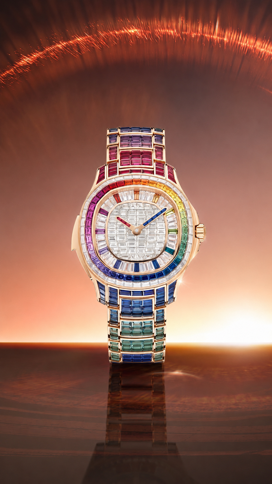 Rainbow Baguette Iced Watch | Gold Finish Luxury Bracelet Timepiece