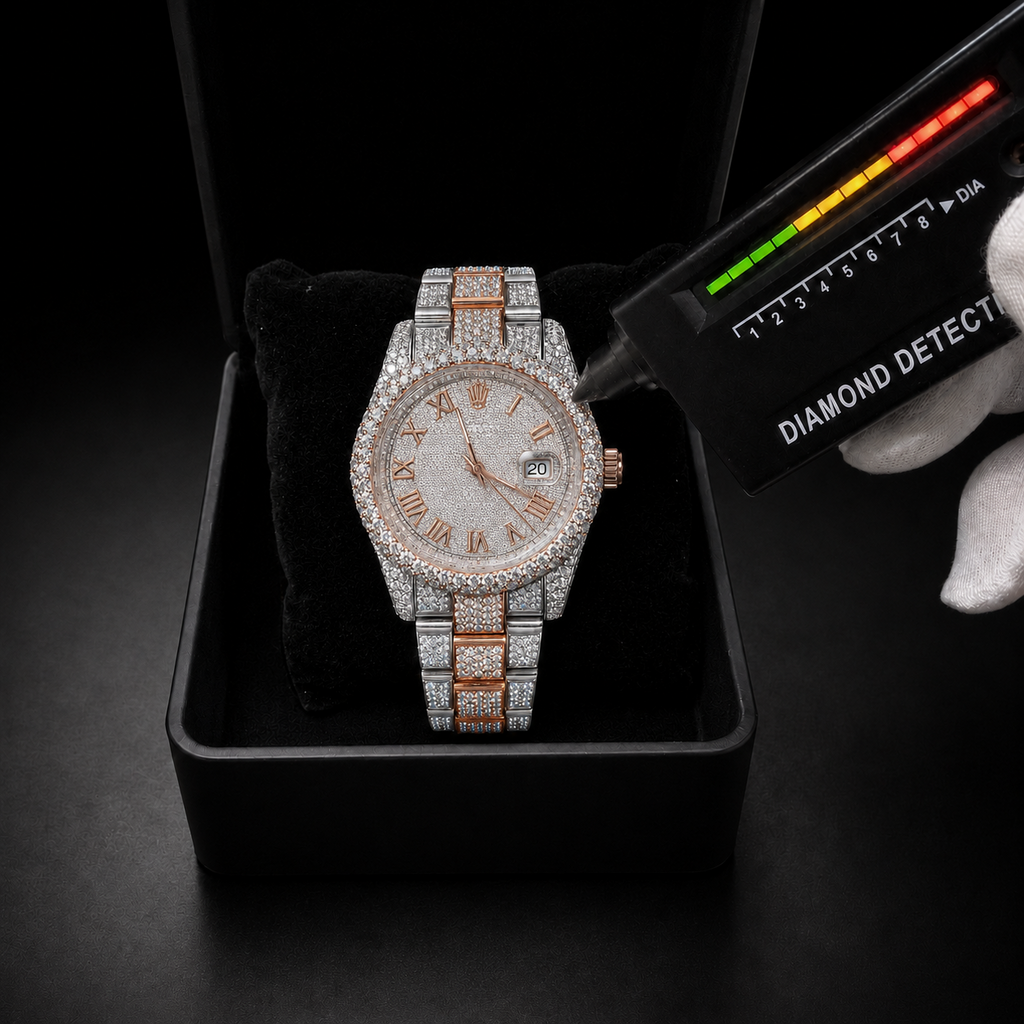 VVS Moissanite Bust Down 40mm Two Tone Roman Dial Iced Out Oyster Belt