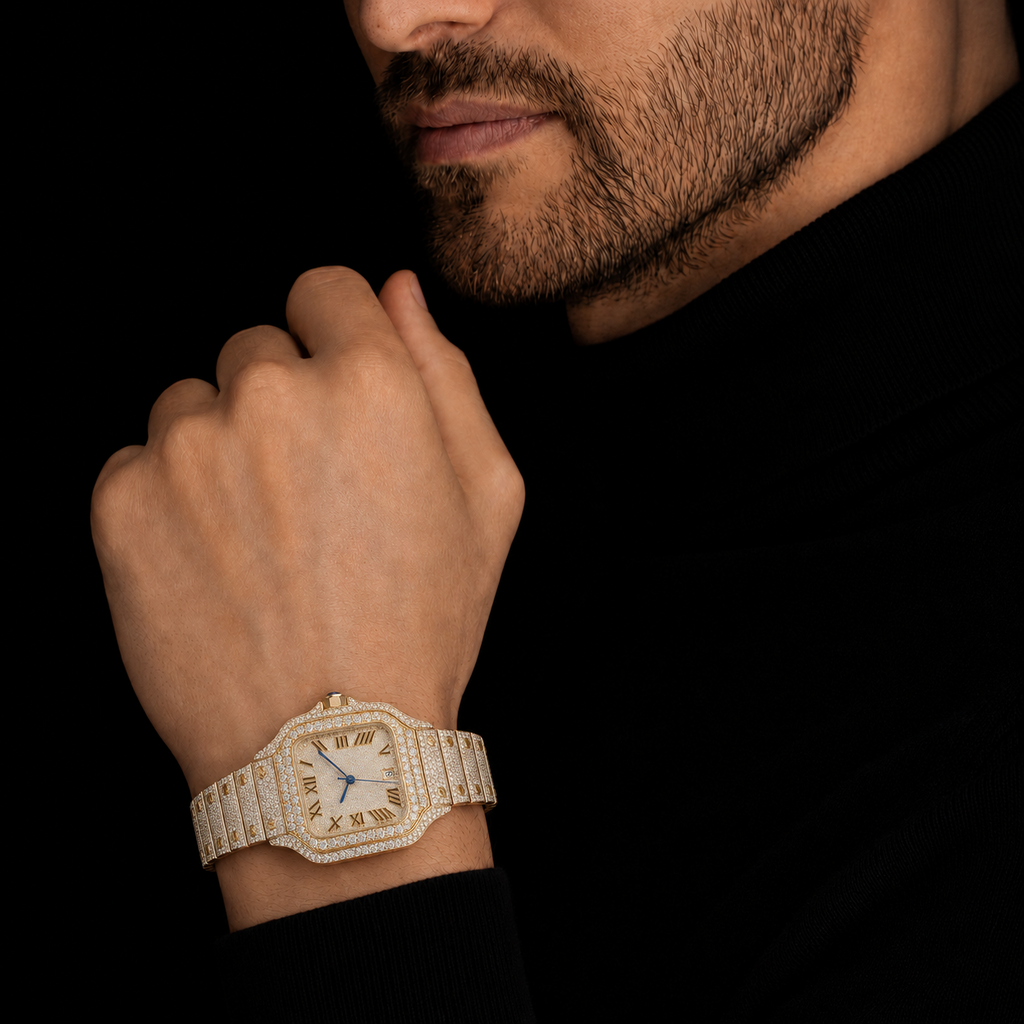 Men’s 40mm Square Dial Moissanite Iced Out Watch – 14K Yellow Gold Finish