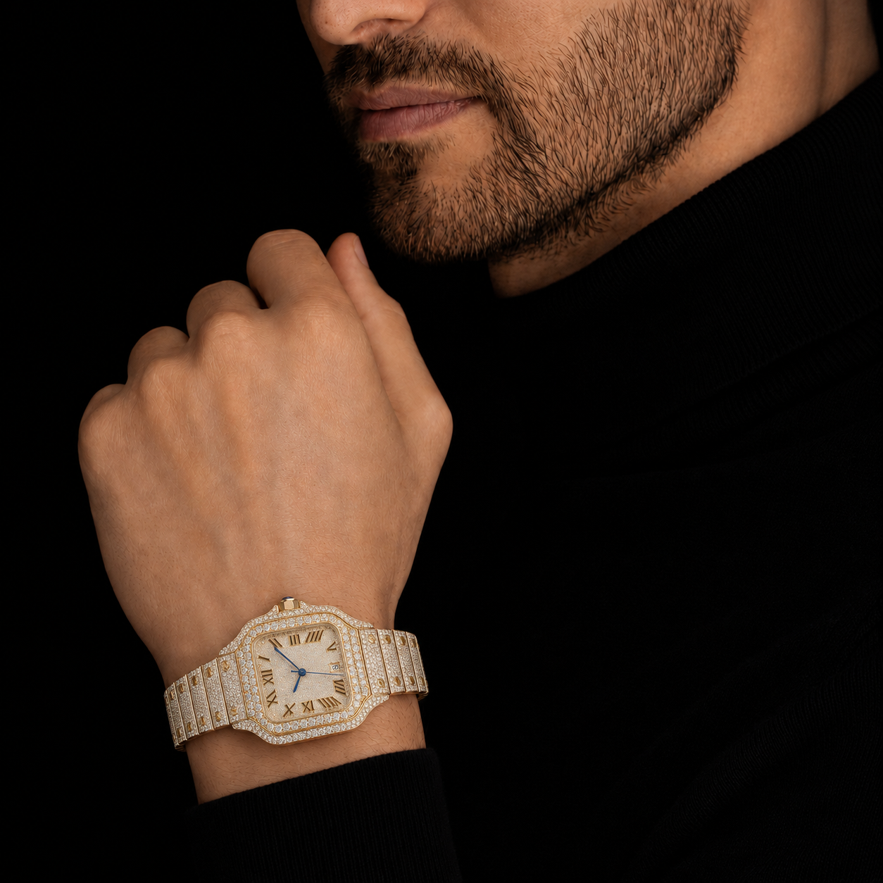 Men’s 40mm Square Dial Moissanite Iced Out Watch – 14K Yellow Gold Finish