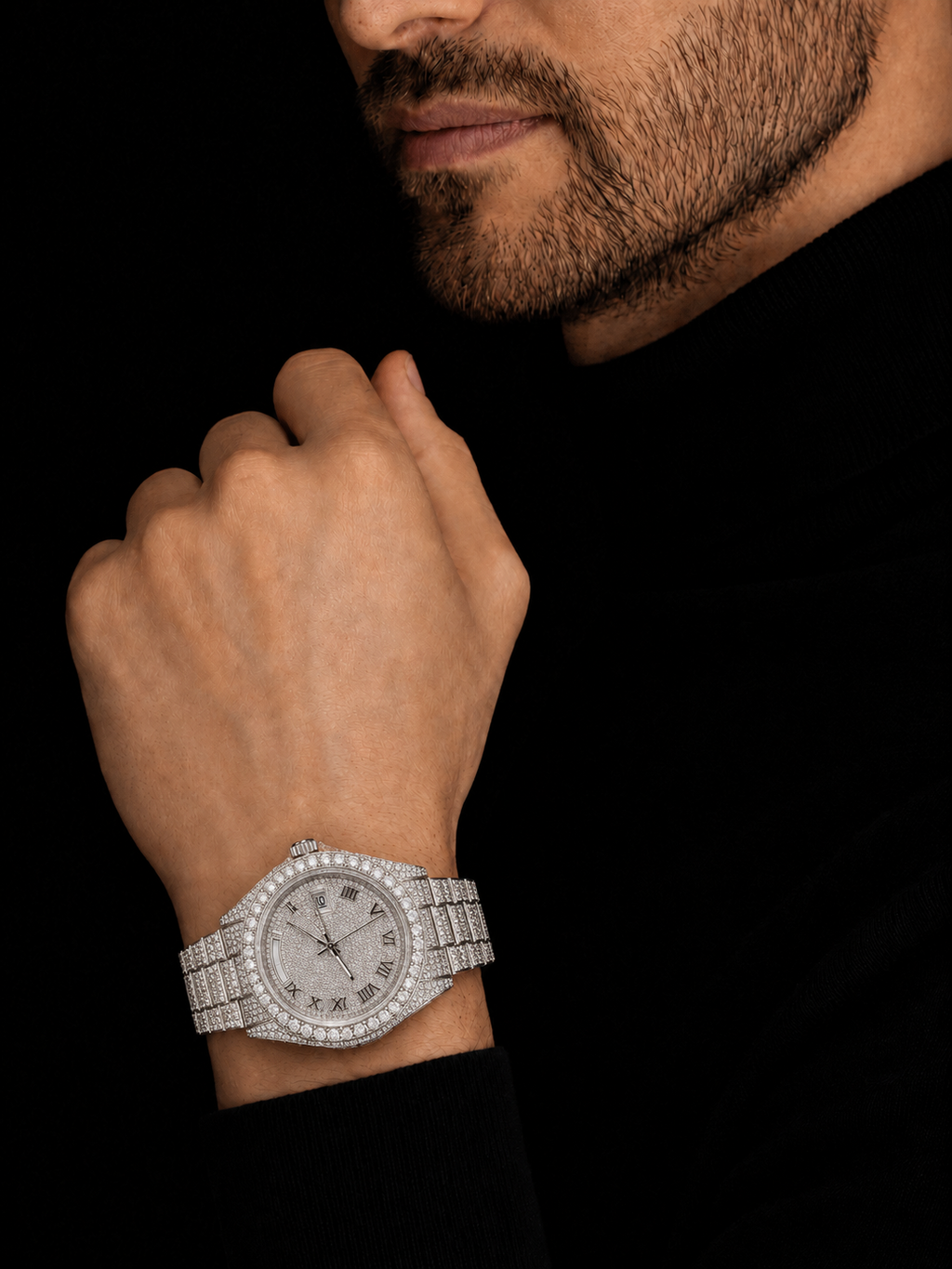 Iced Out Women’s Watch with VVS Moissanite and Roman Day-Date Dial