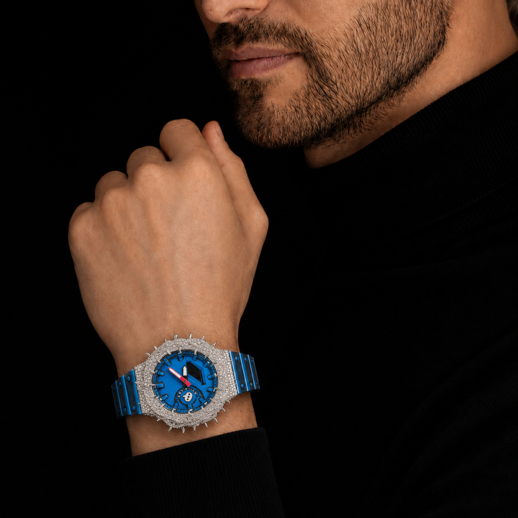 Blue Spiked Iced Out Watch with Moissanite Stones and Rubber Strap