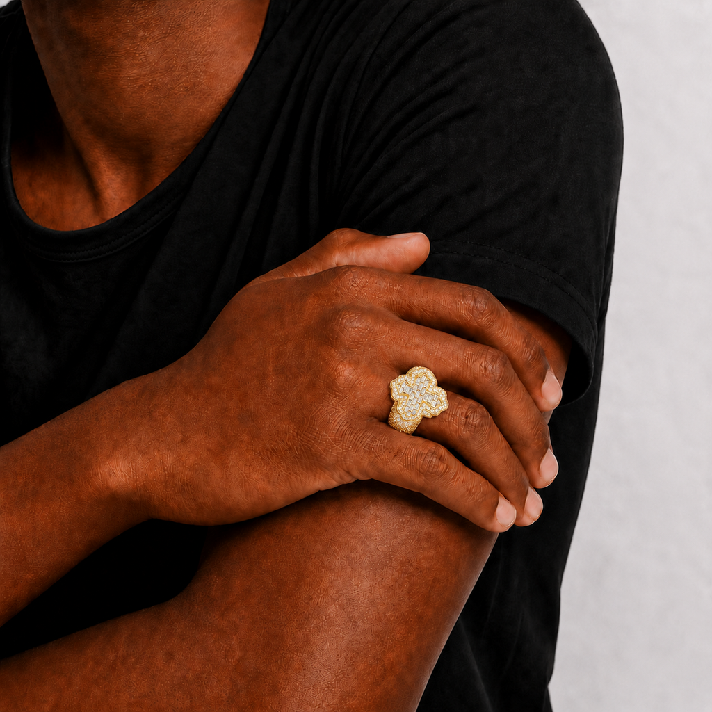 Fleur Cross Iced Out Men’s Ring in 14K Gold Finish
